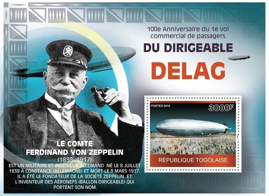 100th Anniversary of the First Commercial Flight of the Dirigible DELAG, Ferdinand von Zeppelin. - Issue of Togo postage stamps