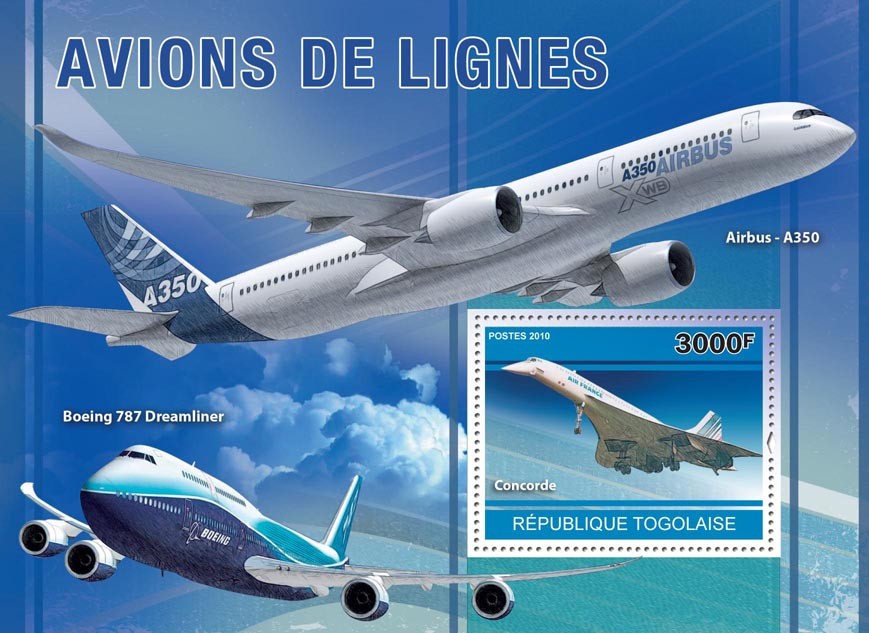 Airliners, (Airbus A350, Concorde, Boeing 787). - Issue of Togo postage stamps