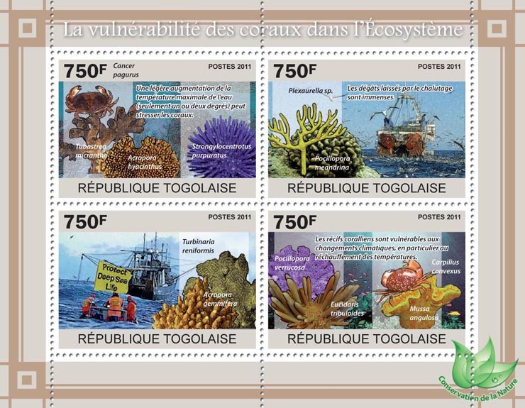 The Vulnerability of Corals in the Ecosystem, Ships. - Issue of Togo postage stamps