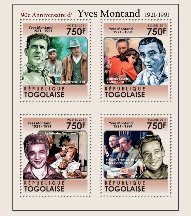 90th Anniversary of Yves Montand (1921-1991), French Cinema. - Issue of Togo postage stamps