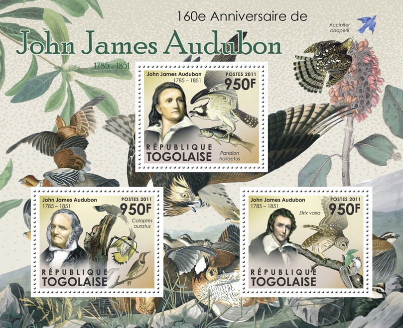 160th Anniversary of John James Audubon, (1785-1851), Birds. - Issue of Togo postage stamps