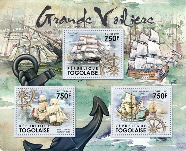 Tall Ships, (Cutty Shark 1869, Brick "Hector Ship") - Issue of Togo postage stamps