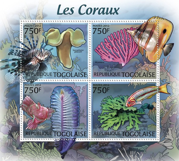 Corals & Fishes, (Sarcophyton glaucum, Acropara palmate). - Issue of Togo postage stamps