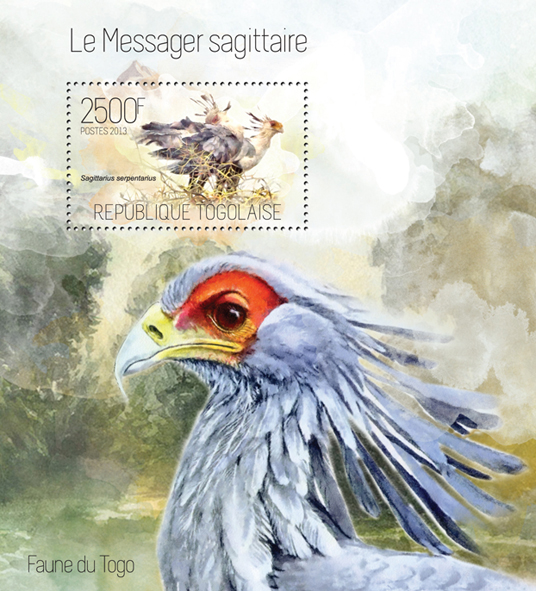 Secretary bird - Issue of Togo postage stamps