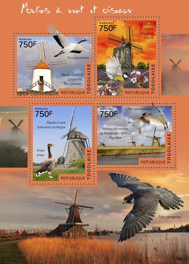 Windmills and birds - Issue of Togo postage stamps
