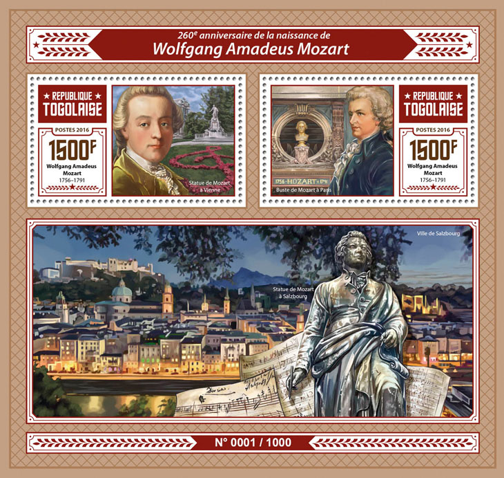 W. A. Mozart - Issue of Togo postage stamps
