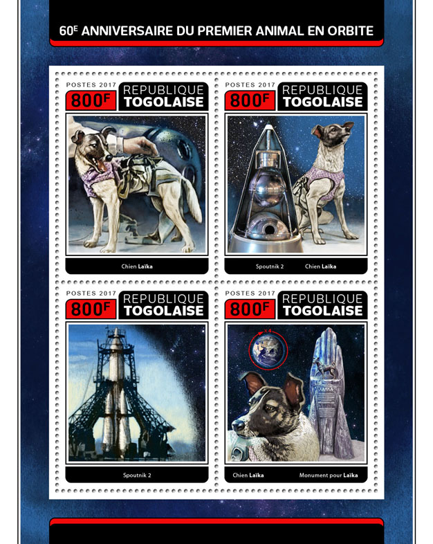 First animal (dog Laika) in space - Issue of Togo postage stamps